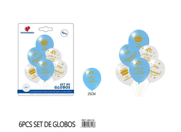 Set pequeño de globos impresos de cumpleaños, azul y blanco, 6 piezas
