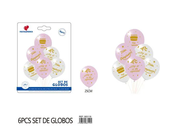 Set pequeño de globos impresos de cumpleaños, rosa y blanco, 6 piezas