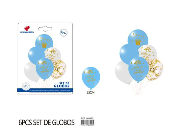 Set pequeño de globos impresos de cumpleaños, azul y blanco, 6 piezas