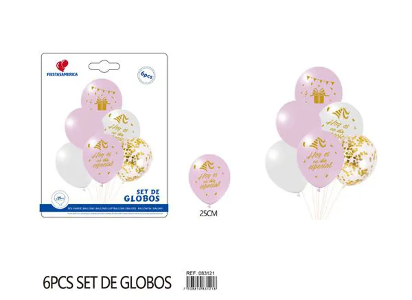 Set pequeño de globos impresos de cumpleaños, rosa y blanco, 6 piezas