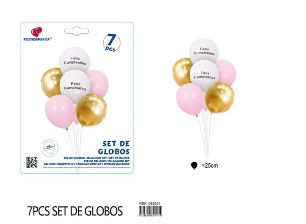 Set pequeño de globos Feliz Cumpleaños blanco, rosa y dorado, 7 piezas