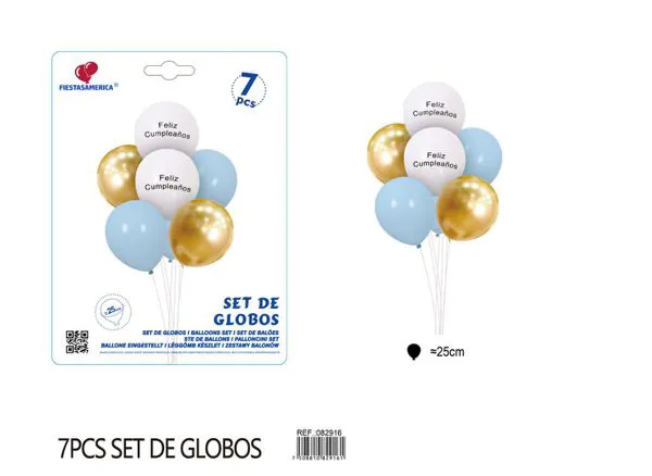 Set pequeño de globos Feliz Cumpleaños blanco, azul y dorado, 7 piezas