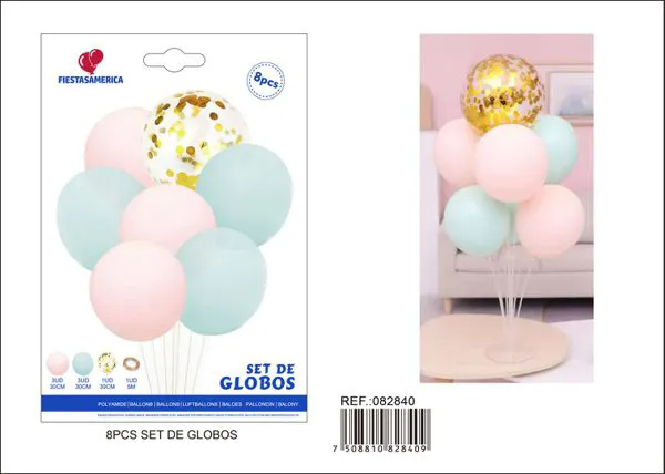 Set de 8 piezas: 1 globo dorado con lentejuelas de 2.8 g, 3 globos de látex rosa macaron de 2.8 g, 3 globos de látex verde macaron de 2.8 g y 5 m de cordón