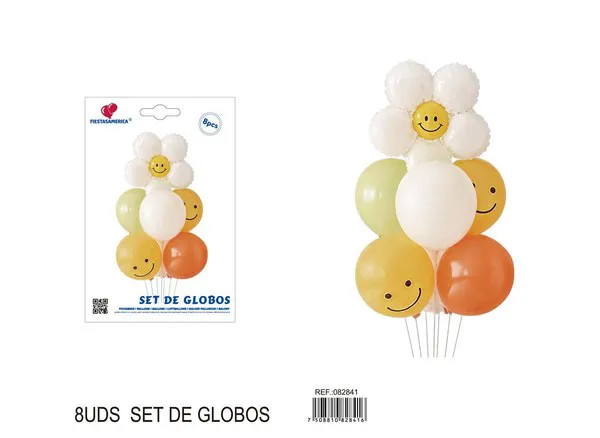Set de globos metálicos de girasol con carita feliz impresa, 8 piezas