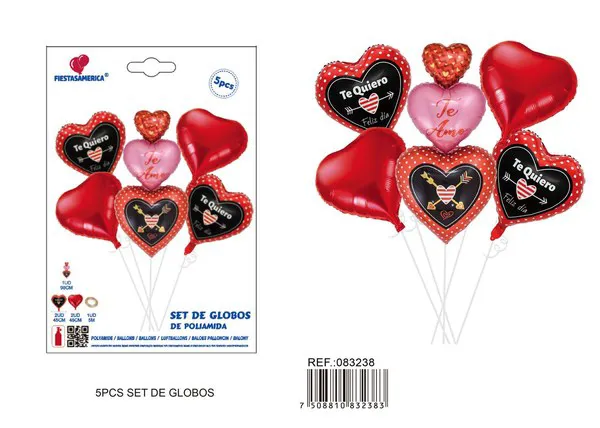 Set de globos metálicos en cadena de corazones, 5 piezas