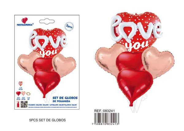 Set de globos metálicos de corazón Love, 5 piezas