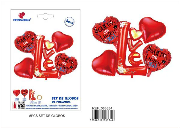 Amor Eterno: 1 globo Love unido de 64x110 cm, 2 globos de corazón impreso de 18 pulgadas, 2 globos de corazón rojo grande de 18 pulgadas y 1 popote de papel