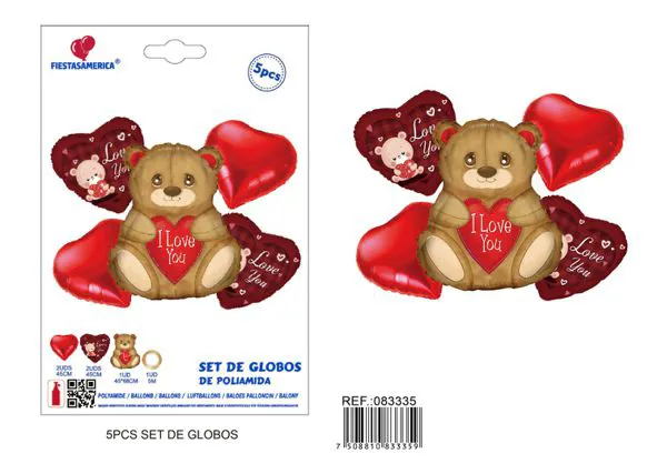 Set: 1 osito de 45x68 cm, 4 globos de 18 pulgadas (2 globos de corazón y 2 globos de corazón impreso) y 1 popote de papel