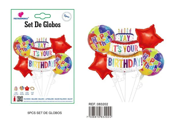 Set de 5 piezas: 1 globo metálico de pastel Feliz Cumpleaños de 62x102 cm, 2 globos metálicos de estrella de cinco puntas roja de 45 cm, 2 globos redondos impresos de 45 cm y 5 m de cordón