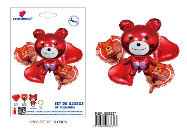 Set: 1 osito tridimensional mediano de 49x80 cm, 4 globos de 18 pulgadas y 1 popote de papel