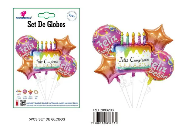 Set de 5 piezas: 1 globo metálico de pastel Feliz Cumpleaños en español de 66x71 cm, 2 globos metálicos de estrella de cinco puntas de 45 cm, 2 globos redondos impresos de 45 cm y 5 m de cordón
