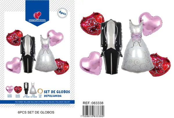 Set: 1 globo de vestido de novia de 43x74 cm, 1 globo de traje de novio de 37x74 cm, 4 globos de 18 pulgadas y 1 popote de papel