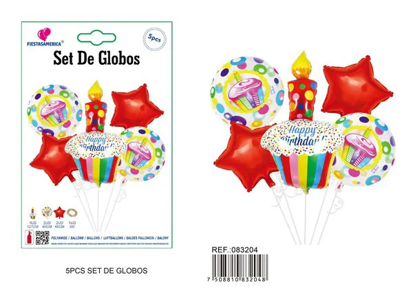 Set de 5 piezas: 1 globo metálico de pastel rojo de 127 cm, 2 globos metálicos de estrella de cinco puntas roja de 45 cm, 2 globos redondos impresos de 45 cm y 5 m de cordón