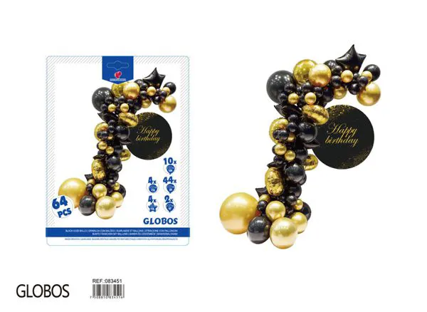 Set de cadena de globos negro y dorado, 64 piezas
