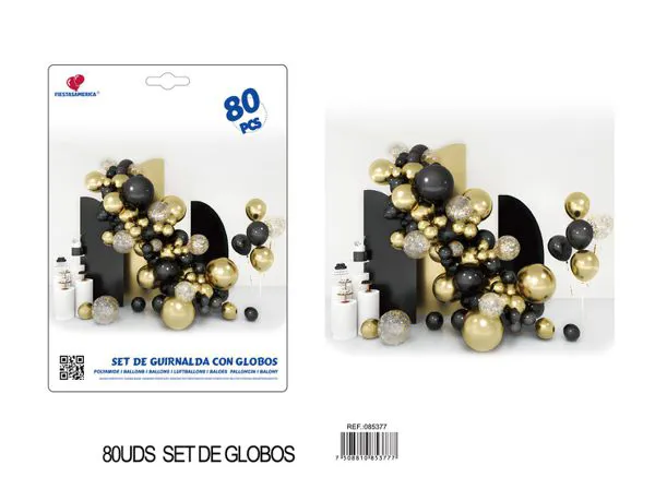 Set de cadena de globos negro y dorado, 80 piezas