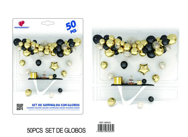 Cadena de globos negro y dorado, 50 piezas