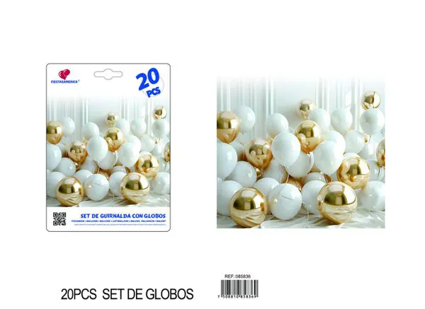Set de globos blanco y dorado, 20 piezas