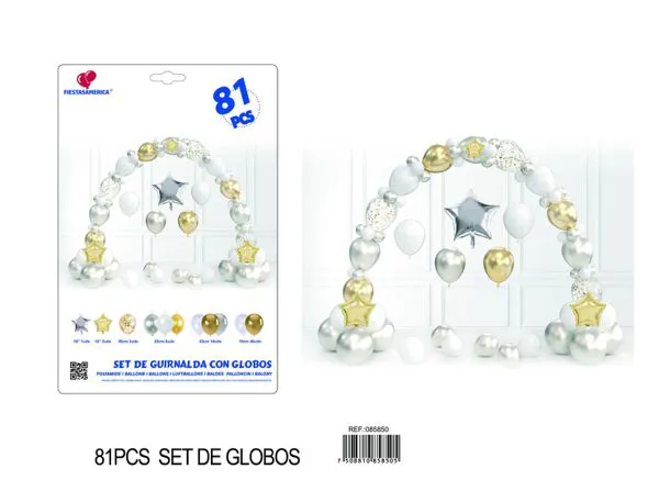 Set de arco de globos dorado y plateado, 81 piezas