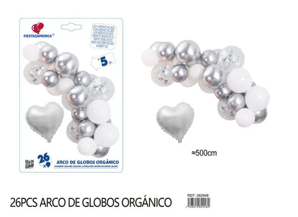Set pequeño de cadena de globos de corazón plateado y blanco, 26 piezas