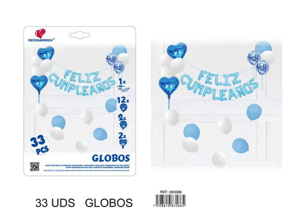 Set de globos con banderín color azul, 33 piezas