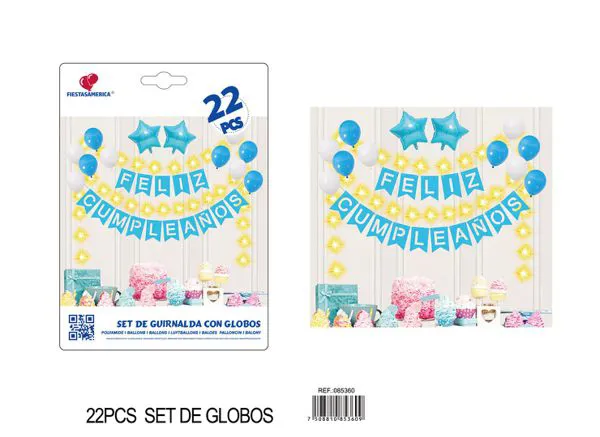 Set de globos con banderín y luces color azul, 22 piezas
