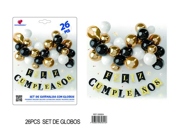 Cadena de globos negro y dorado, 26 piezas