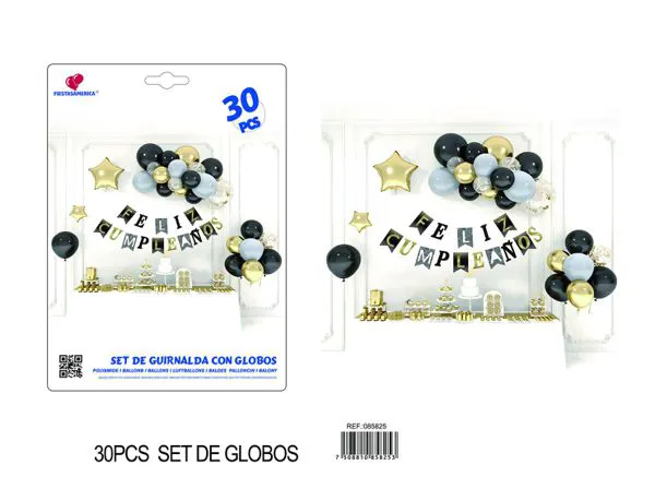 Cadena de globos negro y dorado, 30 piezas