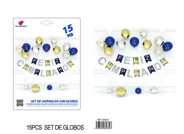 Cadena de globos dorado y azul, 15 piezas