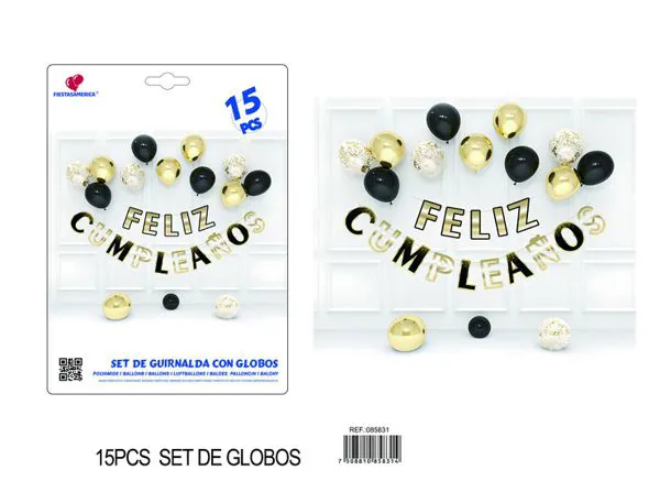 Cadena de globos negro y dorado, 15 piezas
