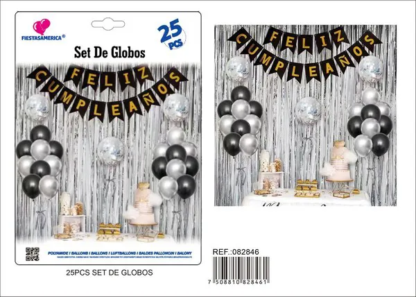 Set de decoración con cortina metálica plateada de fondo, banderín negro con Feliz Cumpleaños dorado en español y globos de látex, 25 piezas