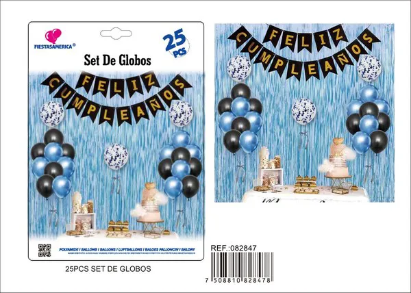 Set de decoración con cortina metálica azul de fondo, banderín negro con Feliz Cumpleaños dorado en español y globos de látex, 25 piezas