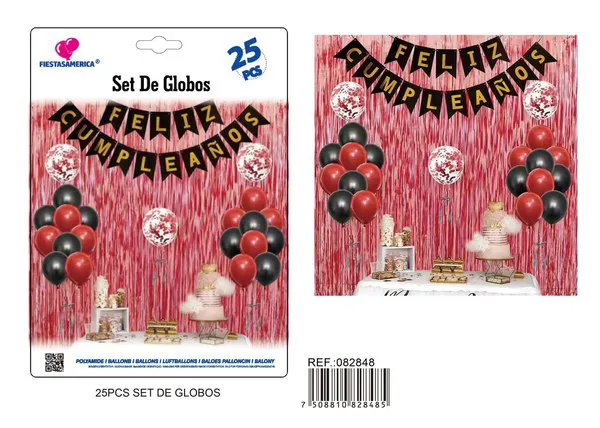Set de decoración con cortina metálica roja de fondo, banderín negro con Feliz Cumpleaños dorado en español y globos de látex, 25 piezas