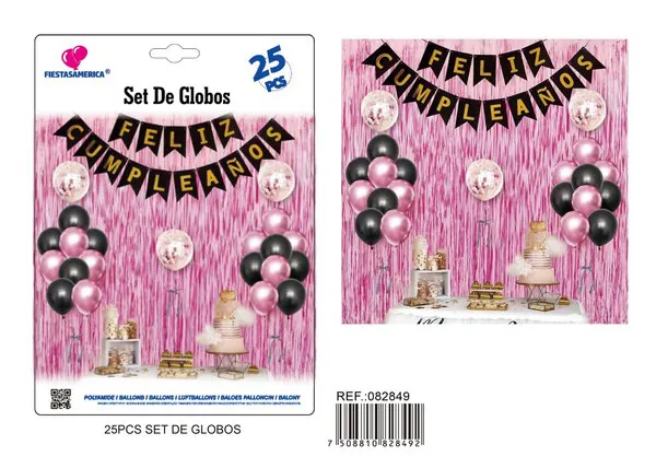 Set de decoración con cortina metálica rosa de fondo, banderín negro con Feliz Cumpleaños dorado en español y globos de látex, 25 piezas