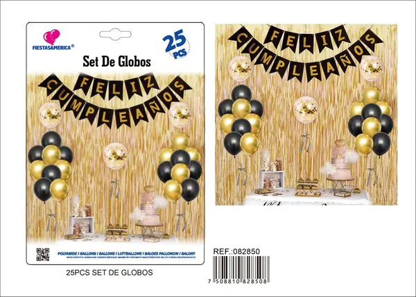 Set de fondo de cortina metálica de lluvia dorada, banderín de cola de golondrina negro con estampado dorado Feliz Cumpleaños en español y globos de látex, 25 piezas