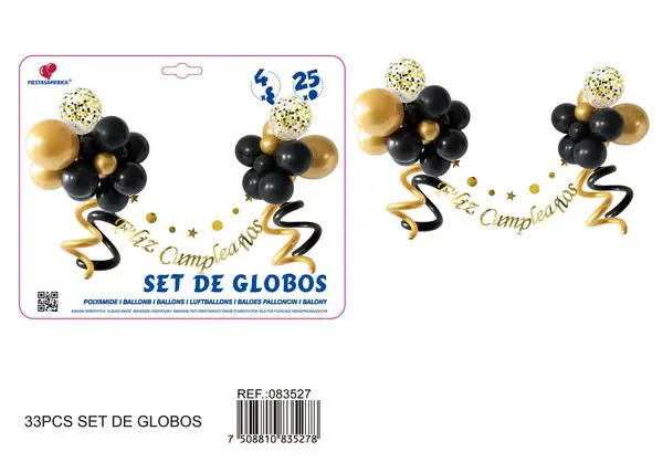 Set de cadena de globos largos modeladores, negro con dorado, 31 piezas