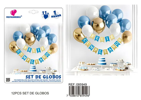 Cadena de globos, azul con dorado, 12 piezas