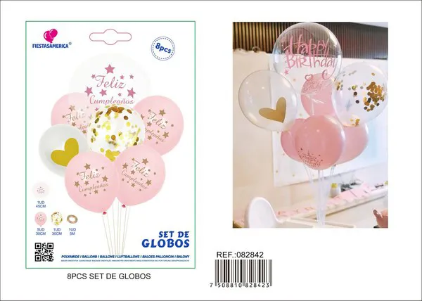 Set de globos, 8 piezas: 1 globo burbuja de 45 cm (18 pulgadas) con calcomanía de feliz cumpleaños en español color rosa, 1 globo dorado con lentejuelas