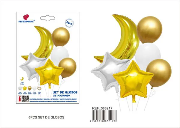 Set de 6 piezas: 1 globo metálico de luna dorada de 71 cm, 1 globo metálico de estrella de cinco puntas dorada de 45 cm, 1 globo metálico de estrella de cinco puntas plateada de 45 cm