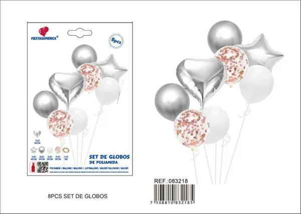Set de 8 piezas: 1 globo metálico de estrella de cinco puntas plateada de 45 cm, 1 globo metálico de corazón plateado de 45 cm, 2 globos oro rosa con lentejuelas de 2.8 g