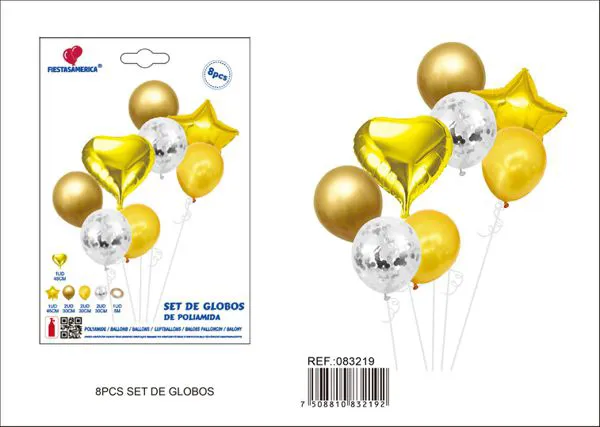 Set de 8 piezas: 1 globo metálico de estrella de cinco puntas dorada de 45 cm, 1 globo metálico de corazón dorado de 45 cm, 2 globos dorados con lentejuelas de 2.8 g