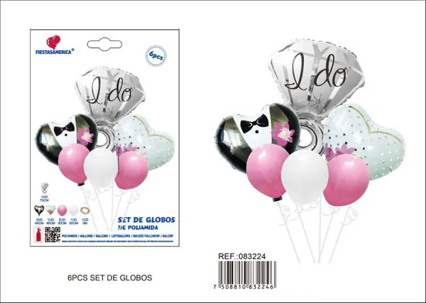 Set de 6 piezas: 1 globo metálico de anillo blanco de 74x104 cm, 1 globo metálico de corazón con impresión de novia de 45 cm, 1 globo metálico de corazón con impresión de novio de 45 cm