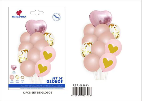 Set de globos (12 piezas): 1 globo metálico de corazón rosa mate de 45 cm, 2 globos dorados con lentejuelas de 2.8 g, 6 globos de látex perlados oro rosa de 2.8 g