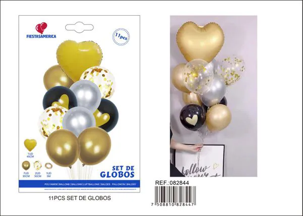 Set de globos (11 piezas): 1 globo metálico de corazón dorado mate de 45 cm, 3 globos metálicos dorados de 2.8 g, 2 globos dorados con lentejuelas