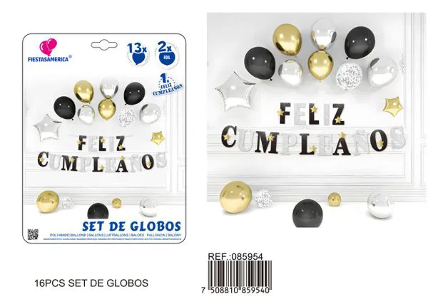 Set de globos, negro con dorado, 16 piezas