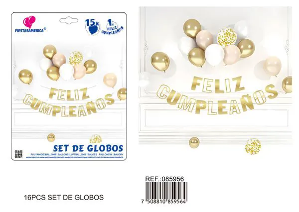 Set de globos, dorado con rosa, 16 piezas