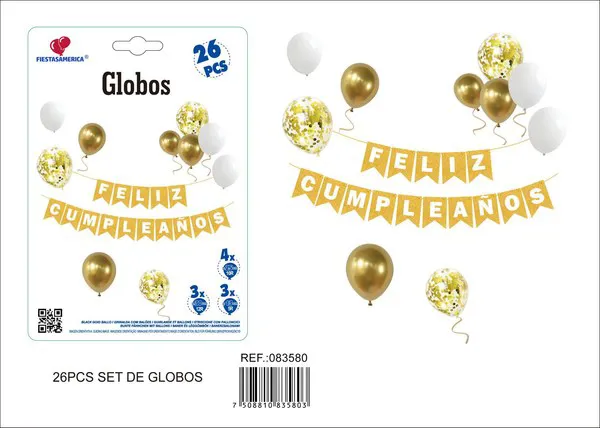 Set de globos y banderín, color dorado, 26 piezas