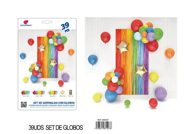 Set de cortina metálica de lluvia y cadena de globos, multicolor, 39 piezas