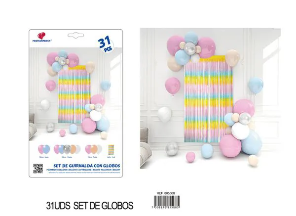 Set de cortina metálica de lluvia degradado multicolor y cadena de globos color macaron, 31 piezas