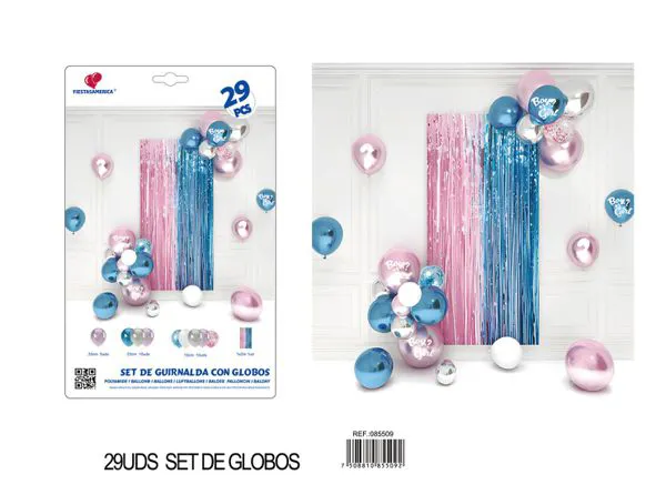 Set de cortina metálica de lluvia y cadena de globos, rosa y azul brillante, 29 piezas