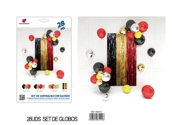 Set de cortina metálica de lluvia y cadena de globos, negro, dorado y rojo, 28 piezas